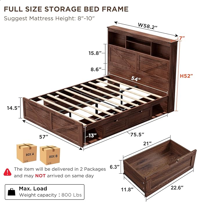 ACCOHOHO Full Bed Frame with 52" Tall Headboard and 4 Drawers,LED Light,Charging Station,Solid Wood Slats Support,No Box Spring Needed,Brown