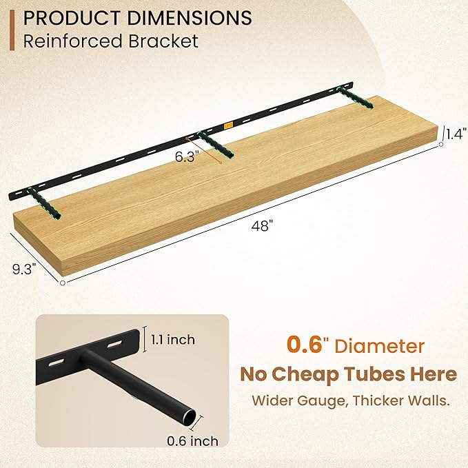 Fun Memories Floating Shelves 48 Inch Long, 9.3Inch Deep Floating Shelves for Wall, Extra Deeper & Thicker Wall Mounted Storage Shelf for Kitchen, Farmhouse, Oak, 2 Pack