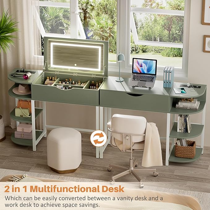 Cyclysio Vanity Desk with Flip Top Mirror and Lights, Makeup Vanity Desk with Drawers, Dressing Table with Storage Shelves & Charging Station, Small Vanity for Small Spaces, Green