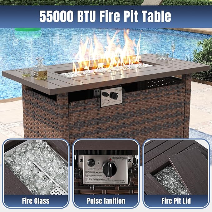 Aoxun 13 Pieces Patio Furniture Set with 44” Fire Pit Table Wicker Rattan Outdoor Sectional Conversation Set with Coffee Table and 4” Thickened Cushions, Blue(Waterproof Cover Included)