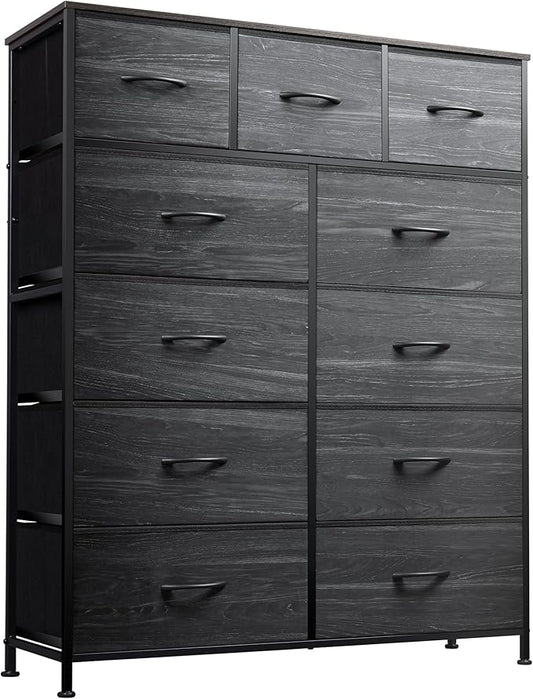 WLIVE Storage Organizer Unit with 11 Fabric Bins, Storage Drawers Organizer with Steel Frame, Tall Storage Tower Organizaton for Living Room, Hallway, Office, Charcoal Black Wood Grain Print