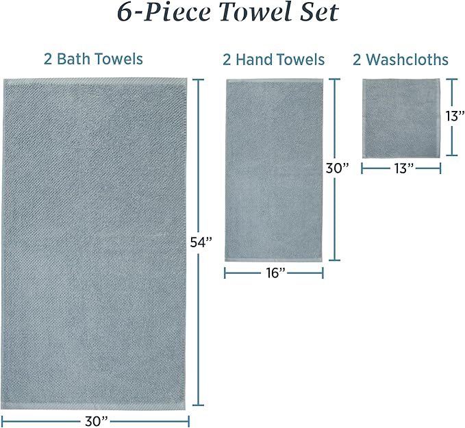 Welhome Franklin 100% Cotton Popcorn Textured Towel Set - 6 Piece 600 GSM, Soft & Plush, 2 Bath Towels, 2 Hand Towels, 2 Washcloths, Dusty Blue