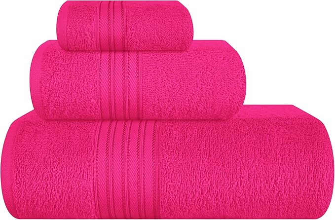 BOUTIQUO Ultra Soft 3 Pack Cotton Towel Set, Contains a Bath Towels 28x55 inch, a Hand Towels 16x24 inch & a Wash Coths 12x12 inch, Ideal Everyday use, Compact & Lightweight - Hot Pink