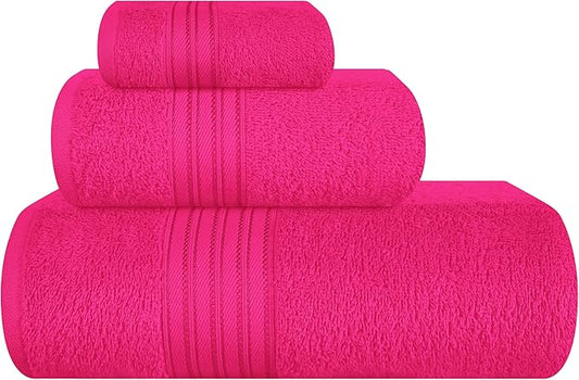 BOUTIQUO Ultra Soft 3 Pack Cotton Towel Set, Contains a Bath Towels 28x55 inch, a Hand Towels 16x24 inch & a Wash Coths 12x12 inch, Ideal Everyday use, Compact & Lightweight - Hot Pink