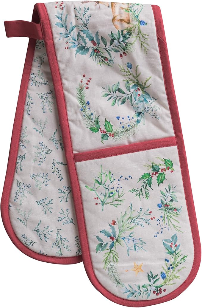 Maison d' Hermine Double Oven Mitt (7" x 35") 100% Cotton Heat Resistant BBQ Cooking Gloves with Loop for Thanksgiving Christmas Decorations Baking Cooking Barbeque Handling Hot Pan (Holly Time)
