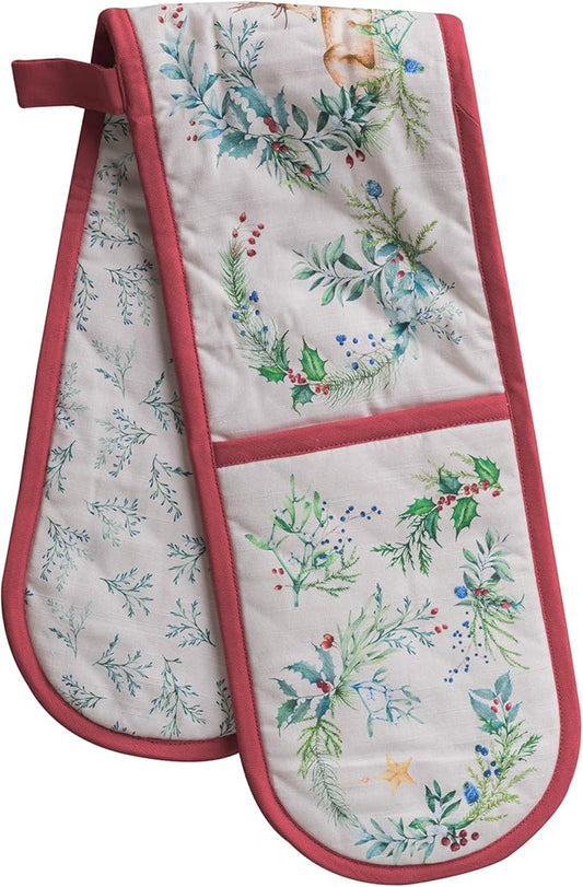 Maison d' Hermine Double Oven Mitt (7" x 35") 100% Cotton Heat Resistant BBQ Cooking Gloves with Loop for Thanksgiving Christmas Decorations Baking Cooking Barbeque Handling Hot Pan (Holly Time)
