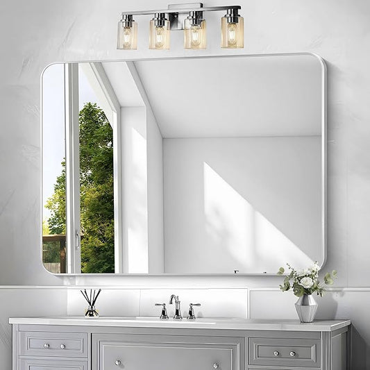 Silver Bathroom Mirror,36x48 inch Wall Mirror for Bathroom Wall Mounted,Rectangle Mirror for Bathroom Over Sink,Modern Frame Round Corner for Living Room,Bedroom Entryway,Horizontal/Vertical
