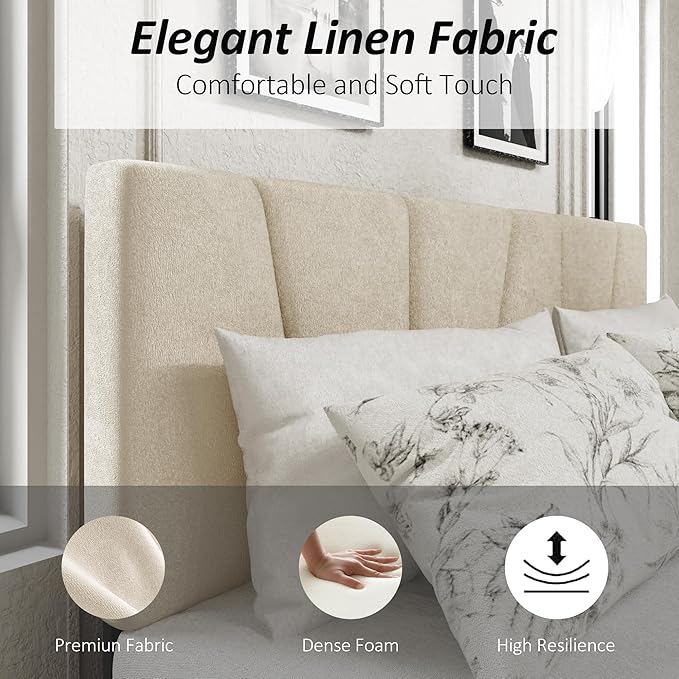 Full Size Platform Bed Frame with Upholstered Headboard, Wooden Slats Support, Noise Free, No Box Spring Needed, Easy Assembly, Beige, Velvet