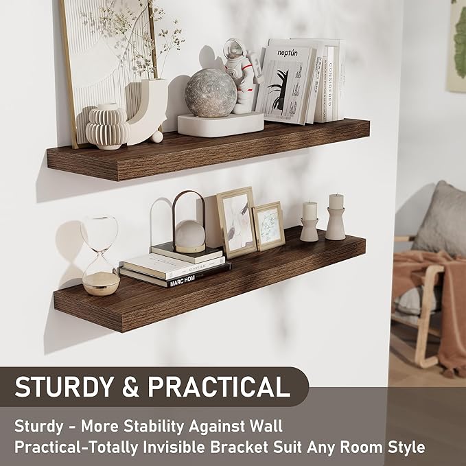 Fun Memories 36 Inch Floating Shelves, Wall Shelves Set of 2 for Bathroom/Living Room/Bedroom/Kitchen, Wall Mounted Floating Shelf for Home Decor with Invisible Brackets, Walnut