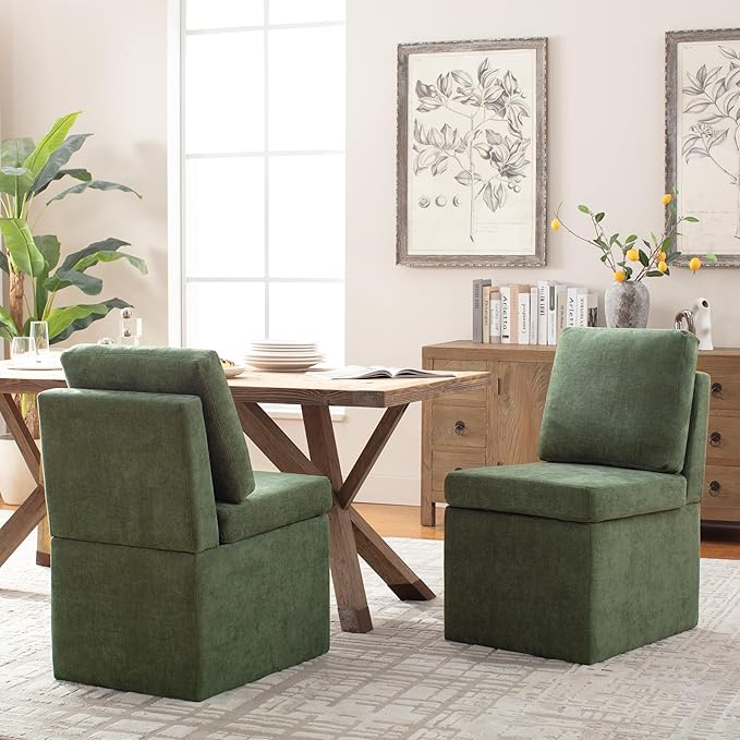 VKNOW Upholstered Dining Chairs, Modern Kitchen Chairs with Storage, Linen Armchair Dining Room Chairs for Kitchen Room (Green, Set of 1)