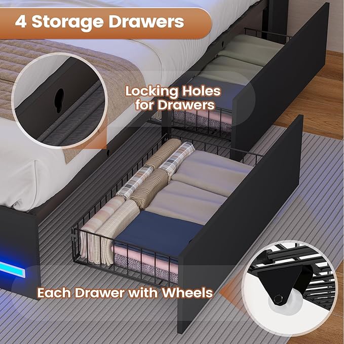 AOGLLATI Queen Bed Frame with Stylish Bookcase Headboard & Charging Station & LED Lights,Queen Size Bed Frame with 4 Drawers and Metal Slats, No Box Spring Needed,Black