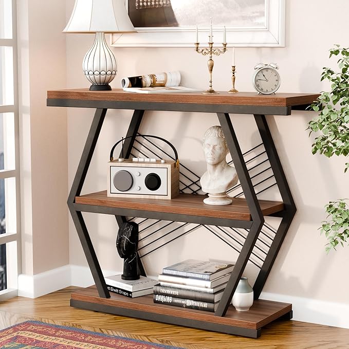39.4" Entryway Table, Industrial 3-Tier Console Sofa Table with Open Wood Shelves, Wood Accent Table with Stable Metal Frame for Small Spaces, Entrance, Hallway, Foyer, Rustic Brown