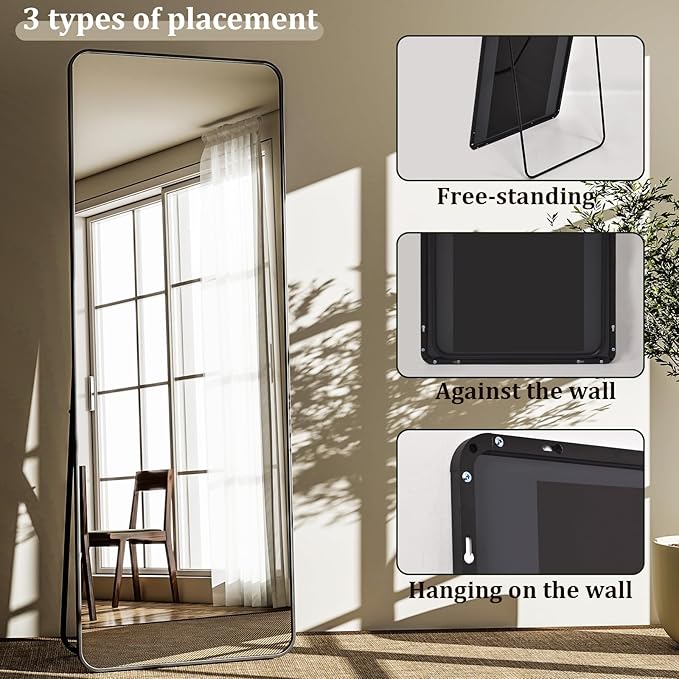 VooBang Round Corner Mirror Full Length, 66" x 23" Floor Mirror with Stand, Matte Aluminum Alloy Frame Full Body Mirror, Standing Hanging or Leaning for Bedroom and Living Room, Black