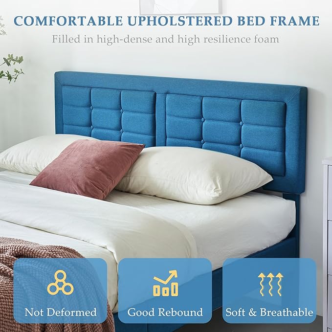 VECELO Queen Size Bed Frame with Adjustable Headboard, Upholstered Button Tufted Platform Bedframe with Wood Slats Support, No Box Spring Needed, Aegean Blue