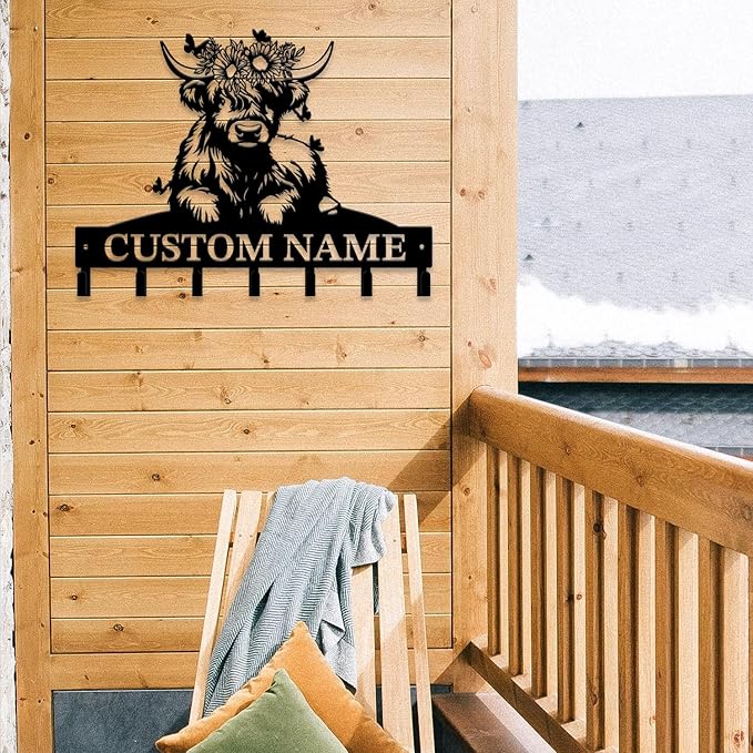 Personalized Highland Cow Metal Keys Hooks,Custom Name Metal Highland Cow Keys Hooks,Black Metal Highland Cow Wall Home Storage Decorative Keys Hooks,Key Holder Hooks for Wall (Style F)