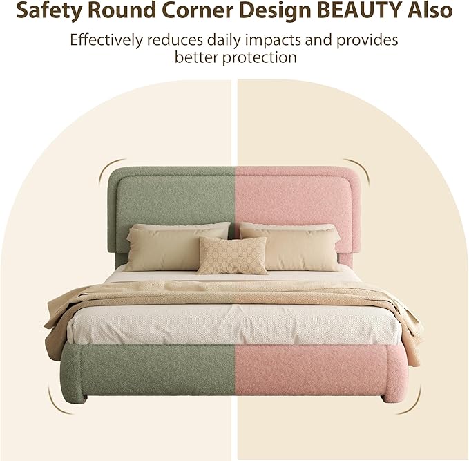 Queen Bed Frame, Teddy Velvet Boucle Bed Frame with 43.3"/45.3" Adjustable Upholstered Headboard, Rounded Corners, Mattress Foundation, No Box Spring Required, Green