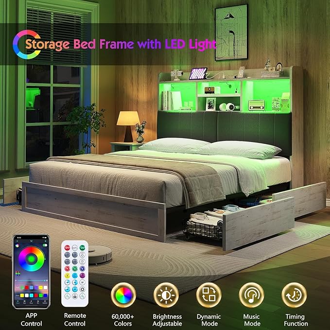 Queen LED Bed Frame with Bookcase Headboard and 4 Drawers,Farmhouse Storage Bed with Charging Station & Linen Upholstered, No Box Spring Needed, Distressed White