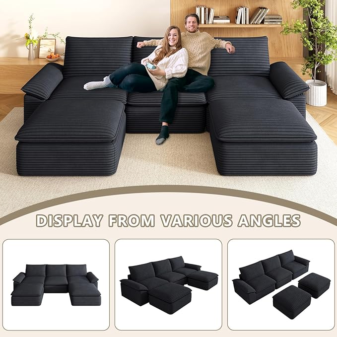 111" Cloud Sectional Couch with U-Shaped Chaise, Corduroy Sectional Sofa with Ottoman, Boneless Couch with Deep Seat in a Box for Living Room, No Assembly Required (Black)
