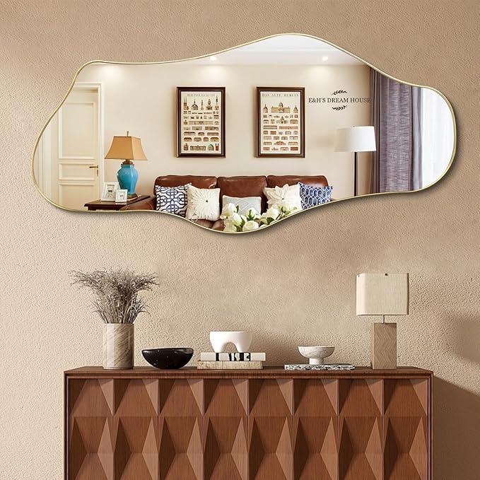Large Irregular Mirror, 63"x29" Asymmetrical Full Length Mirrors for Dressing, Gold Metal Frame Abstract Wall Mirror, Unique Shaped Mirrors for Living Room Bathroom Bedroom Hallway Entryway