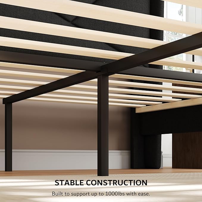 iPormis Full Size Bed Frame with Charging Station, Linen Platform Bed Frame with Wingback Upholstered Headboard, Solid Wood Slats Support, No Box Spring Needed, Easy Assembly, Black