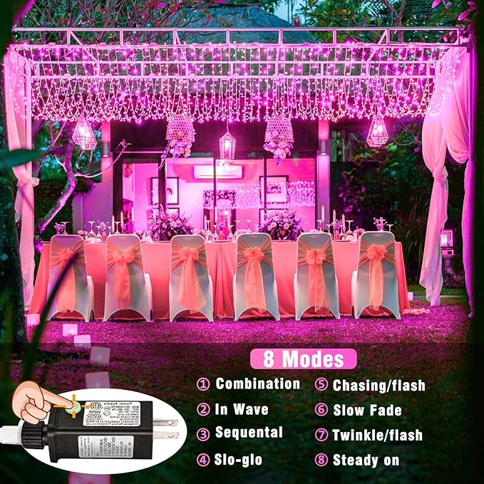 100ft Pink Christmas Lights Outdoor 300 LED Pink String Lights 8 Modes Clear Wire, Plug in Waterproof Twinkle Fairy Lights for Bedroom Indoor Wedding Christmas Party Decorations