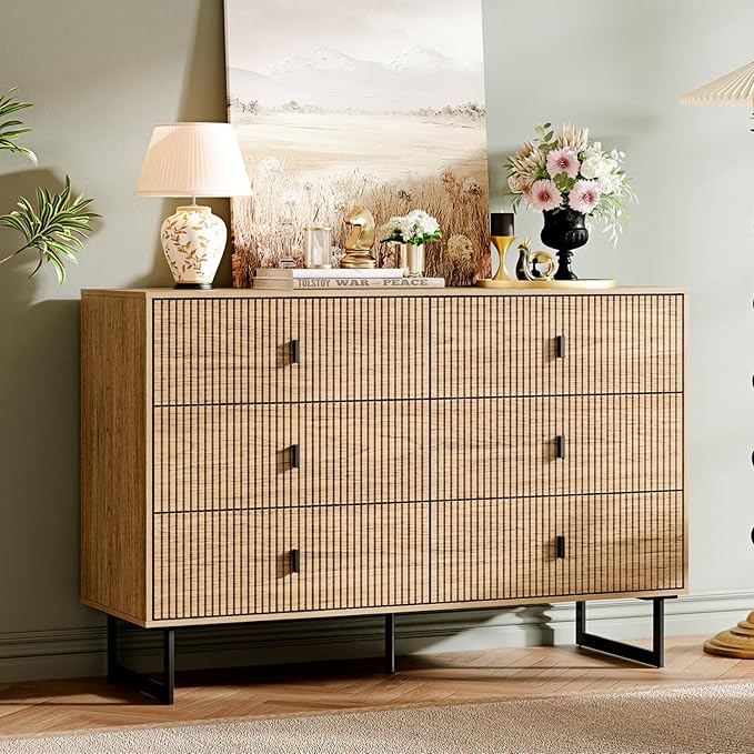 Modern Chest of Drawers with 6 Drawers,Deep Drawers,Clothes Organizer,Large Storage Cabinet for Living Room, Bedroom,Hallway,with Anti-Tipping Device,Wood