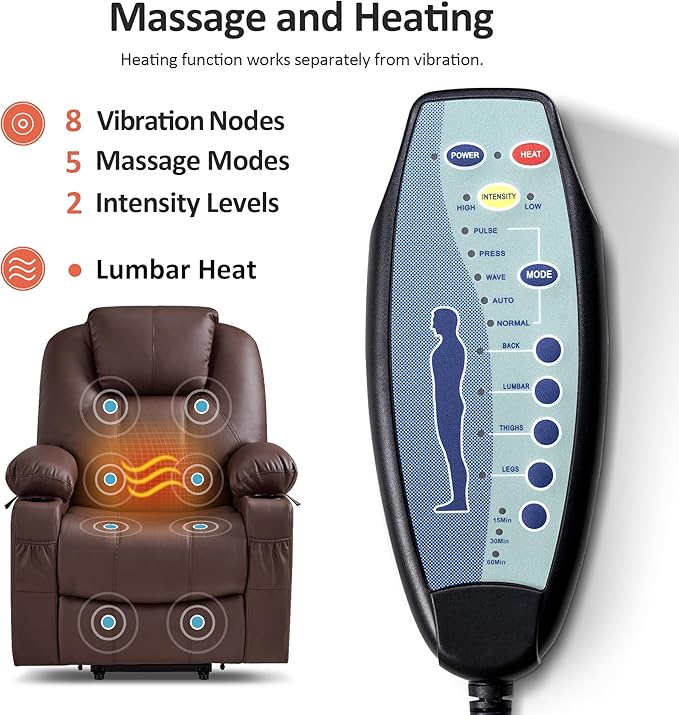 MCombo Electric Power Lift Recliner Chair Sofa with Massage and Heat for Elderly, 3 Positions, 2 Side Pockets, and Cup Holders, USB Ports, Faux Leather 7040 (Light Brown, Medium)