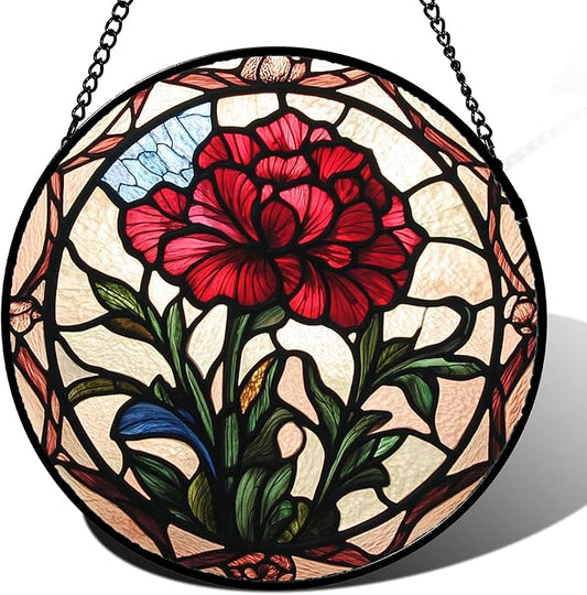 Stained Glass Window Hanging - Red Carnation Birth Flower Sun Catcher for Door Garden Home Decor Suncatcher Christmas Mother's Day Birthday Gifts for Women Men Mom Nana Friend Wife 9.8 in