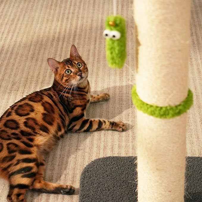 TINYBEAST 34.7" Tall Cat Scratching Post, 3 in 1 Sisal Cat Scratcher, Heavy Duty 4.3" Diameter Cat Tree with Hanging Bell Ball Toy and Reinforced Stable Base for Indoor Adult Cats & Kittens(Grey)