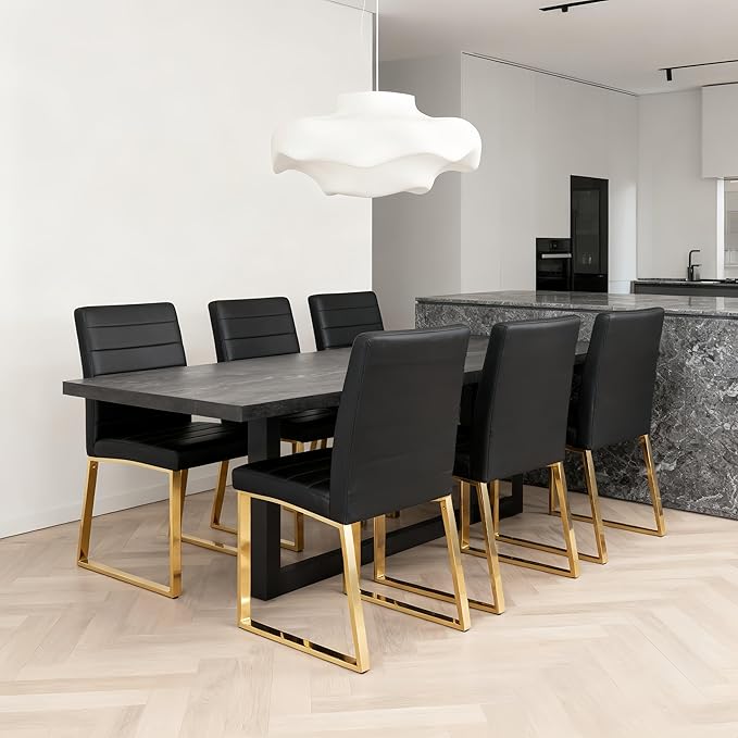 Modern Dining Chairs Set of 2, White Faux Leather Kitchen Chairs, Upholstered Armless Dining Room Chair with Gold Mental Legs Heavy Duty, Comfortable (Black and Gold, Set of 2)