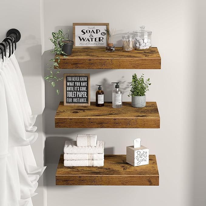 QEEIG 10" Deep Floating Shelves for Wall - 10 x 16 inch Book Shelf Bathroom Bedroom Kitchen Living Room Hanging Bookshelf Farmhouse Set of 3, Rustic Brown (025-40BN3)