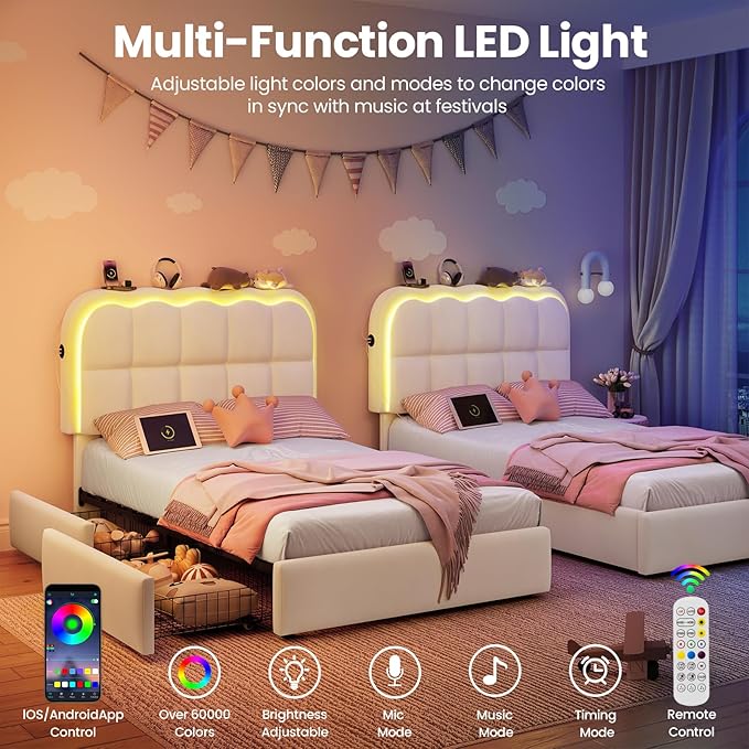 Twin Bed Frame with Storage Drawers and Headborad, Upholstered LED Twin Size Platform Bed Frame for Kids – Sturdy Metal Bed Frame Twin with Wood Slats Support, No Box Spring Needed,White