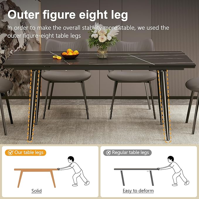 Expandable Rectangular Dining Table (62.9" to 94.4") – Modern Black Sintered Stone Top, Adjustable Table for 6 to 10 People for Dining Room Family Gathering