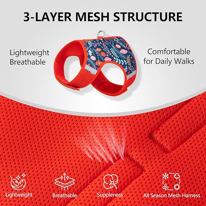 Dog Harness for Small Sized Dog,Hook-and-Loop Easy On/Off, Reflective Adjustable Soft Mesh Vest for Puppy (Navy Floral Print,L)