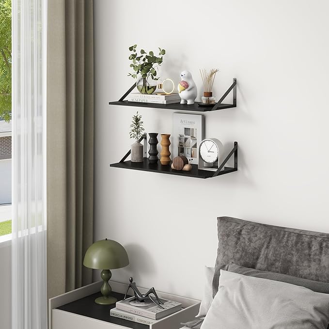 Deep Floating Shelves, 12 Inch Deep Floating Shelves for Wall, 24"W x 12"D Wall Shelves for Books, Rustic Black Wooden Shelves, Large Wide Display Shelf for Bathroom, Living Room, Bedroom, Set of 2