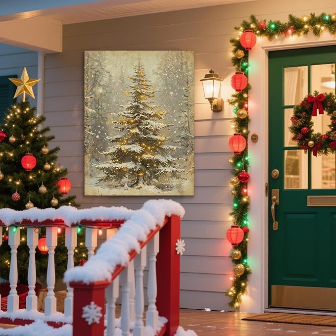 Framed Christmas Pictures Wall Decor,Vintage Pine Tree Prints,Winter Christmas Canvas Wall Art Decoration for Bedroom Bathroom Living Room Rustic Xmas Holiday Gifts (Christmas Tree 2, 16'' X 24'')