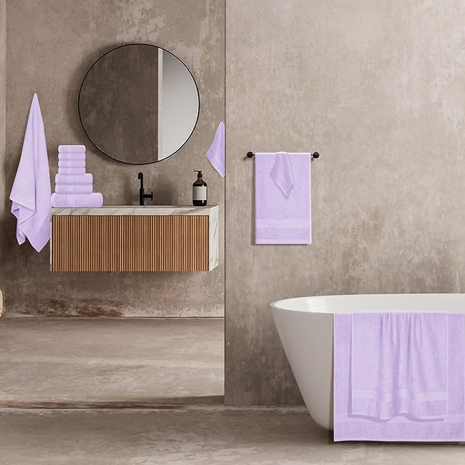 BOUTIQUO 24 Pack Cotton Towel Set, Contains 6 Bath Towels 27x54 inch, 6 Hand Towels 16x24 inch & 12 Wash Coths 12x12 inch, Ideal Everyday use, Ultra Soft Compact & Lightweight - Purple