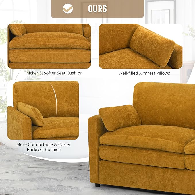 89" Chenille Modern Couch with Cozy & Soft Backrests, 3 Seats Sofa with 2 Extra Pillows, Comfy Upholstered Sofa with Thicker Cushions for Living Room, Office,Yellow