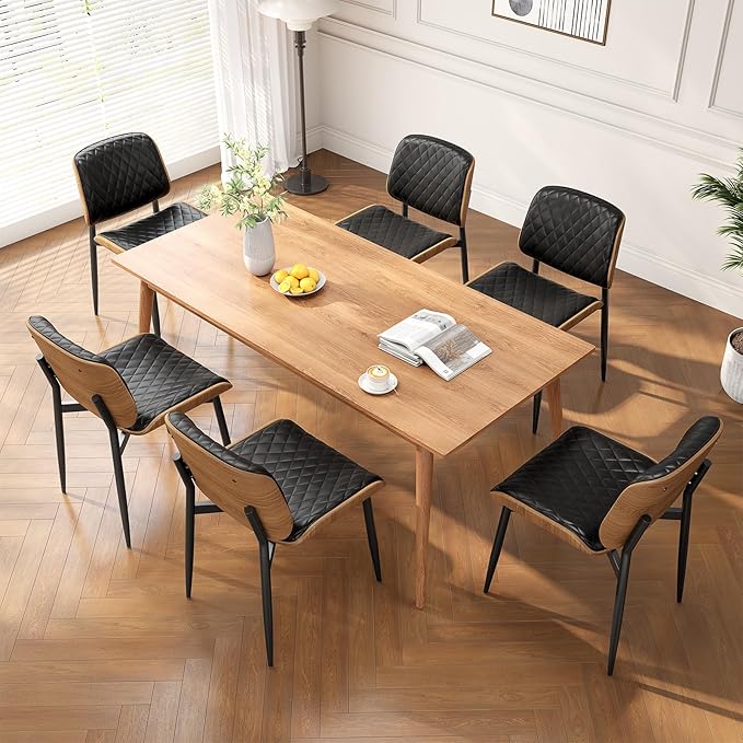 Dining Chairs Set of 8, Mid-Century Modern Upholstered PU Leather Chairs with Walnut Back and Metal Legs Adjustable Feet for Kitchen Dining Room, Black Diamond Plaid