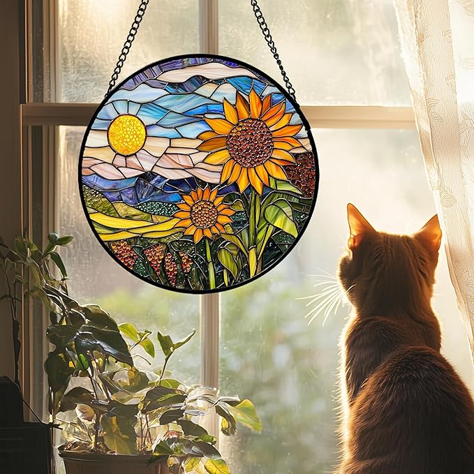 Stained Glass Suncatcher, Sunflower Flowers Landscape Sun Catcher Plant Mountains Stain Glass Window Hanging Decoration Mother's Day Birthday Gifts for Women Men Mom Nana 11.8 in