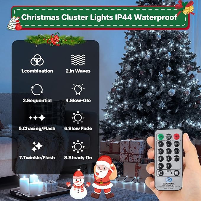 Christmas Cluster Lights Plug-in -52FT 800 LED Firecrackers String Lights,8 Modes Timer Waterproof Twinkle Fairy Lights for Christmas Tree Garland Party (Cool White)