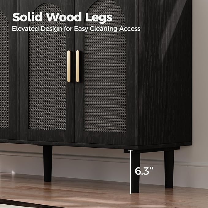 4-Door Rattan Sideboard Buffet Cabinet, 47" Large Storage Cabinet with Shleves, Wood Modern Accent Credenza Kitchen Table for Dining Room, Living Room & Entryway, Black & Grey