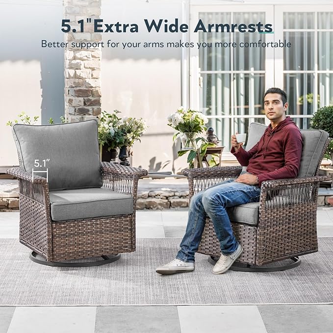 Outdoor Swivel Glider Chairs - 4 Pieces Hollow Widen Armrests Wicker Patio Furniture Set with Ottomans, High Back Outside Swivel Rocker for Balcony Porch Deck and Yard - Brown/Gray