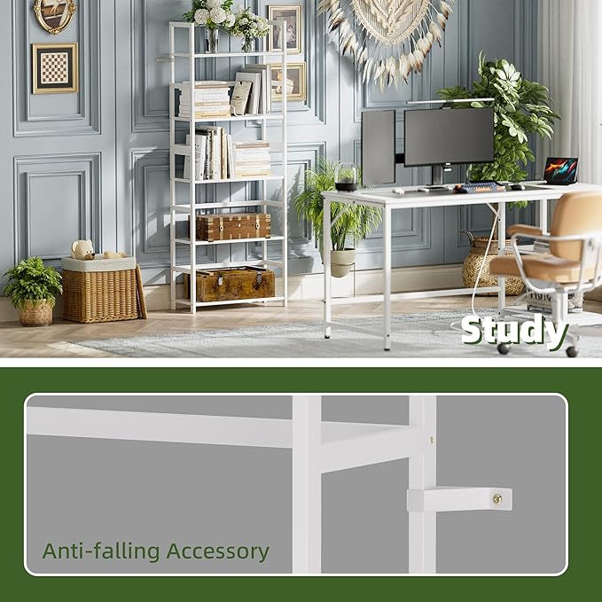 5-Tier Bookshelf, Industrial Bookcase with Bamboo Frame, Modern Display Standing Shelf Unit, Tall Wood Storage Organizer for Living Room, Home Office, White