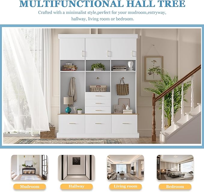 Merax 5-in-1 Hall Tree with Bench and Storage, Modern with Coat Rack, 6 Drawers, 3 Cabinets and 3-Tier Top Storage for Hallway, Entryway, Living Room, White