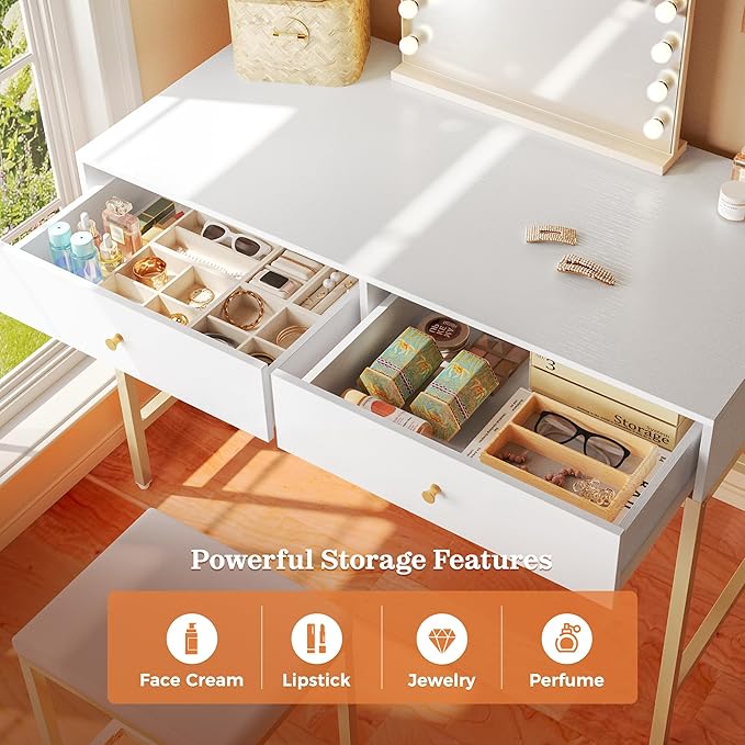 SUPERJARE 43-inch Modern White & Gold Desk - 2 Drawer Vanity, Computer & Home Office Study Desk for Writing & Bedroom