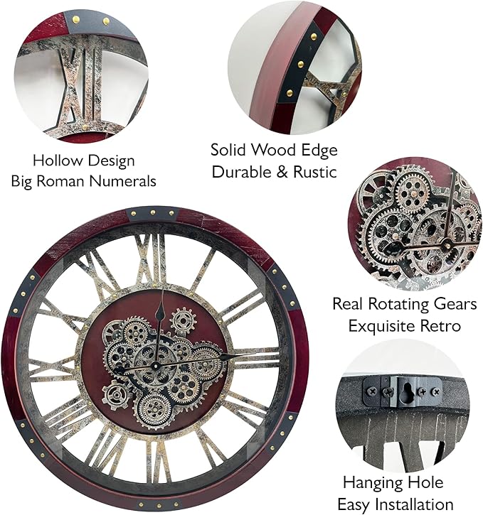 DORBOKER 27" Original Moving Gears Wall Clock, Large Industrial Wall Clock for Living Room Decor, Retro Metal Solid Wood Vintage Farmhouse Steampunk Rustic Clocks for Wall Decor,Cherry Red