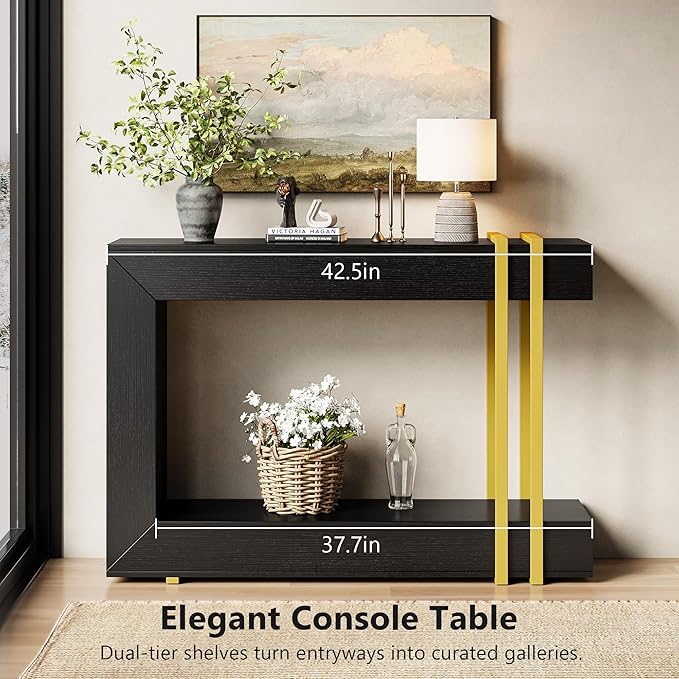 42.5" Console Table Behind Couch, 2-Tier Narrow Entryway Table with Storage, Wood Sofa Tables for Hallway/Entrance/Living Room/Foyer, Black