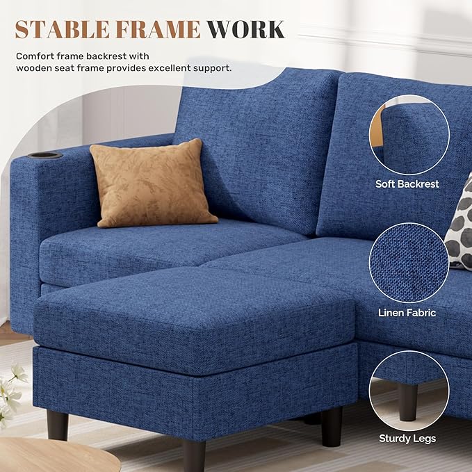 Upholstered Sectional Sofa and Couches, 78'' L Shaped 3-seat Sofa forLiving Room, Apartment, Lounge,Bedroom-Washable Covers Convertible Sofas(Linen Fabric,Blue)