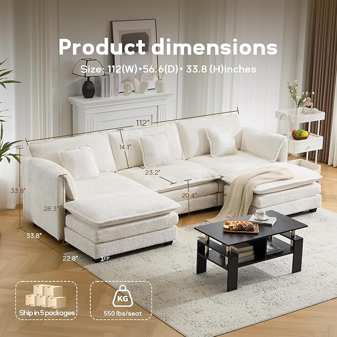 112" U Shaped Modular Sectional Sofa, 3 Seater Comfy Cloud Couch with Movable Ottoman, Deep Seat Couches for Living Room, Bedroom, Apartment (Beige)